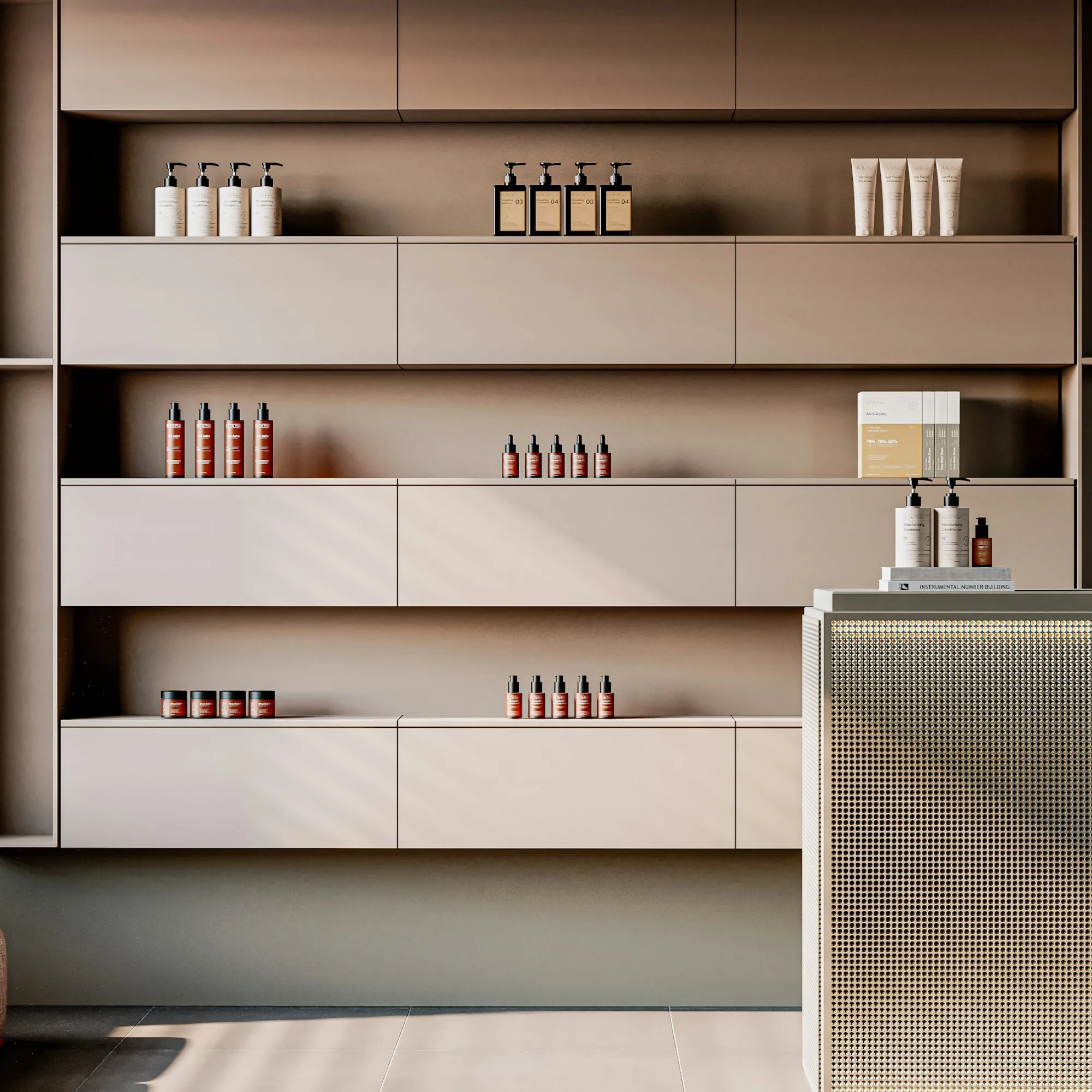 Retail shelves of lotions and creams beside a reception desk